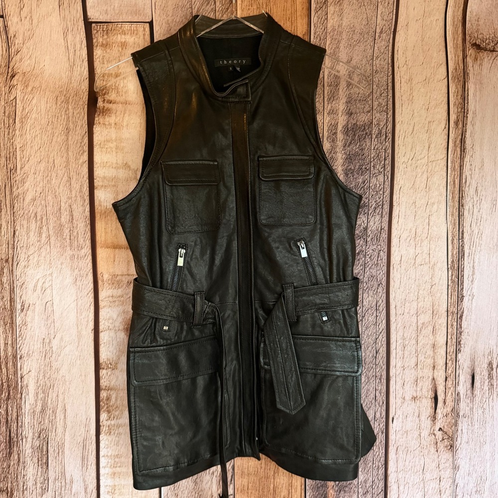 Theory Vest Leather Utility Black Moto Minimalist Chic Layering Runway Small